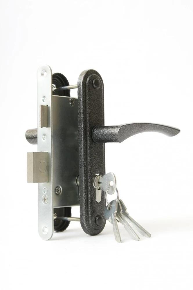 Фото Замок врезной цилиндровый с защёлкой в комплекте с ручкой ЗВ4-3.07 (серебро), 4 кл.