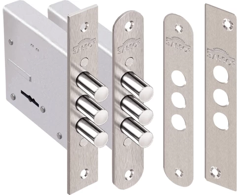 Фото Замок врезной Кремень 1.04.04.К никель, сува., 3 риг., зап. планка, лиц. планка закругл.